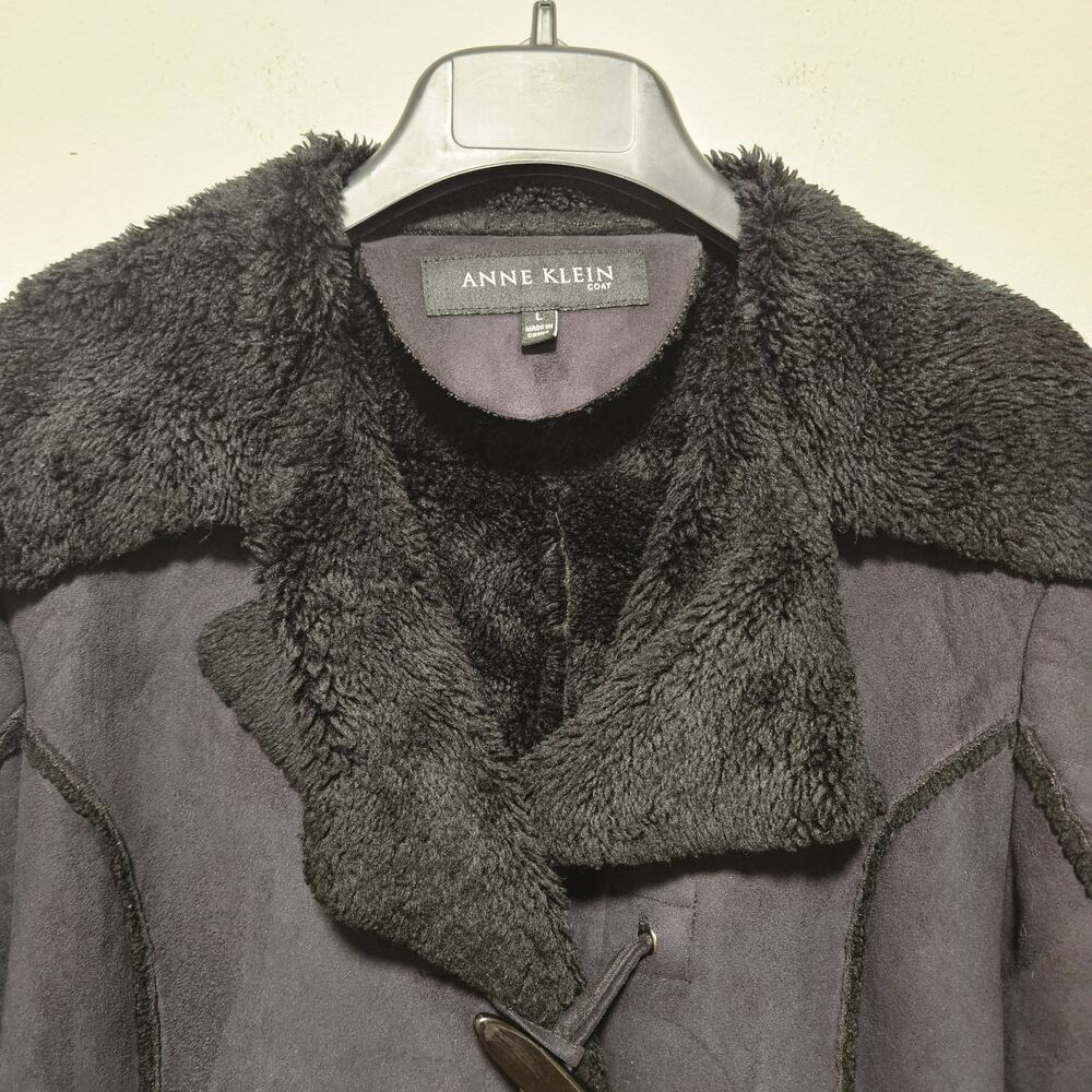 Anne Klein Charcoal Grey Faux Suede Sherpa Lined Toggle Coat Jacket Womens L - Picture 3 of 13